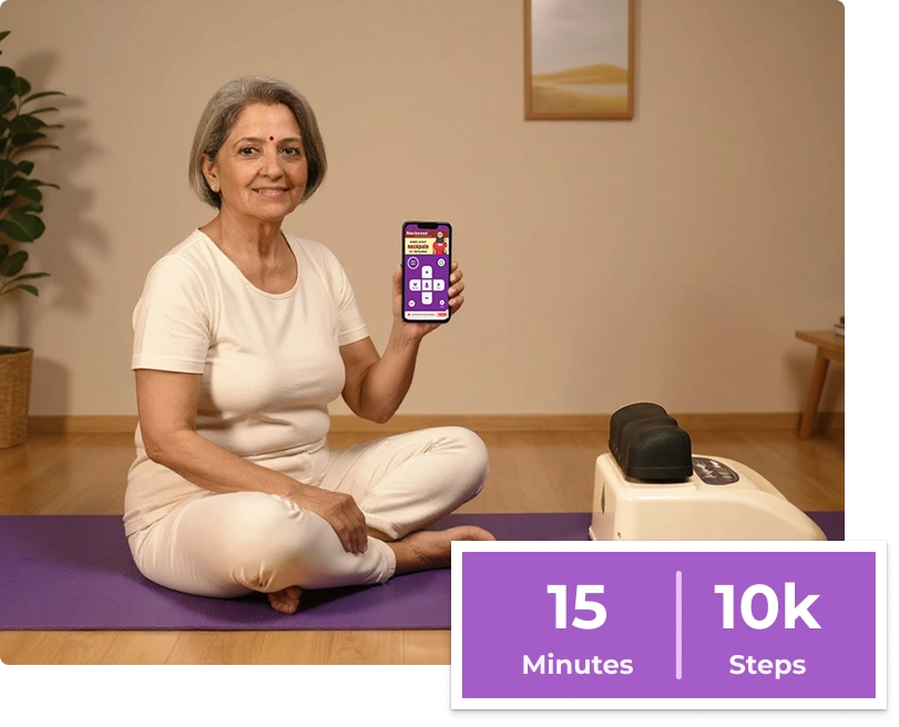 Elderly woman using Morning Walker exercise device on yoga mat – home fitness for seniors