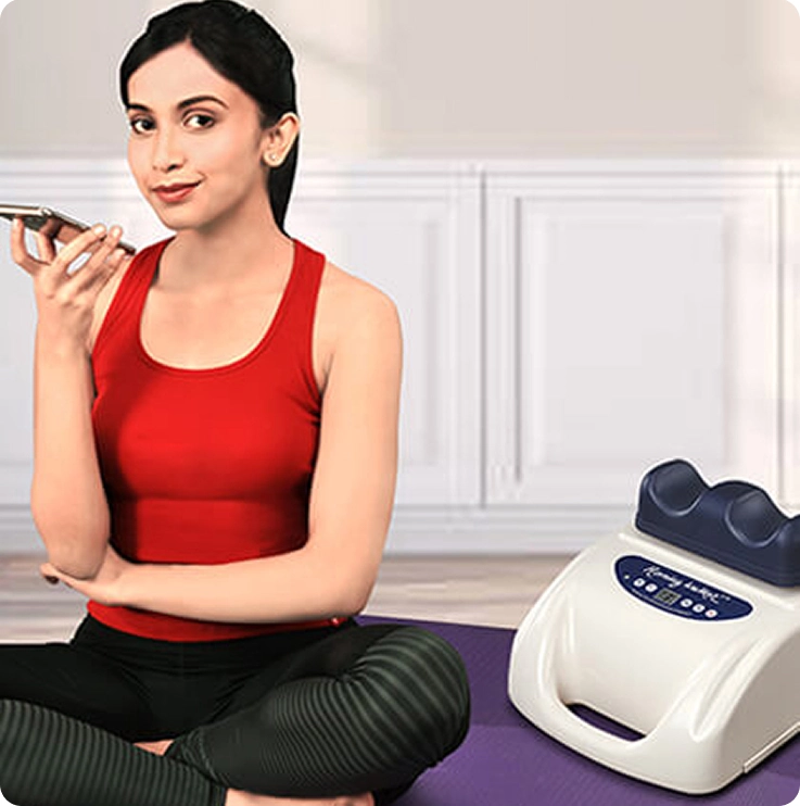 Woman using Morning Walker smart remote while exercising – showing ease of use